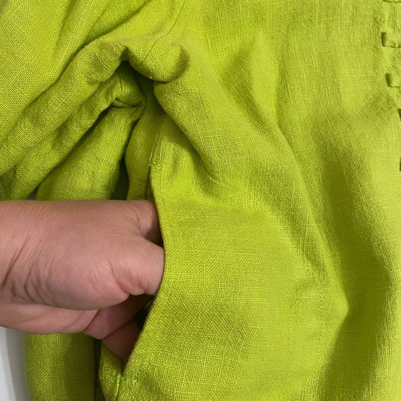 Peacock Ways 100% Linen Blazer Asian Coin Trim Jacket Pockets Lime Green/Black - Picture 8 of 11